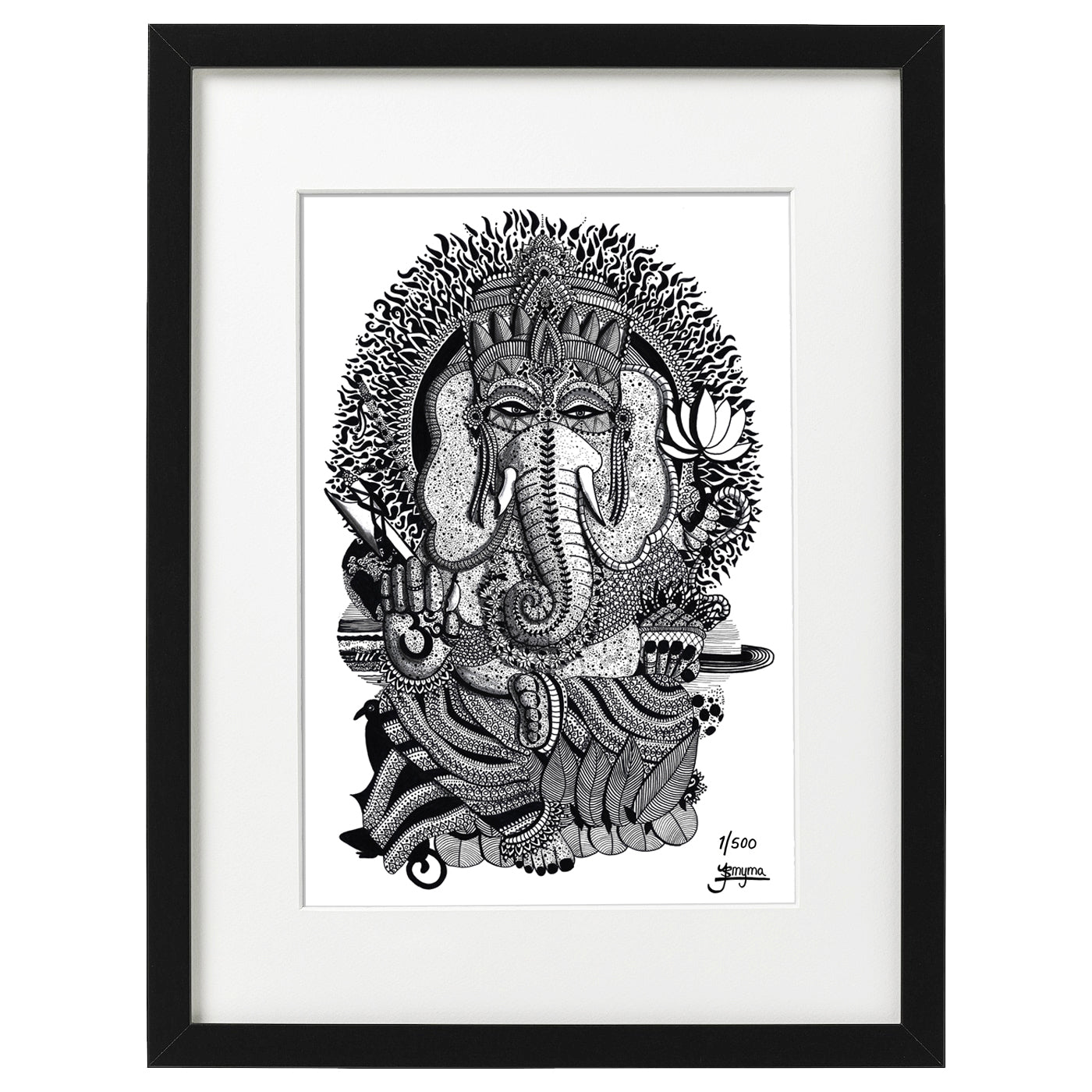 Hand drawn fine art print by uk artist and illustrator Jenniemyma. Black and white ink on paper, originally hand drawn using pen and pencil on paper. Ganesh Ji Deity spiritual art motivational and inspiring wall art, limited edition and open editions available, hand signed and numbered depending on size of print.